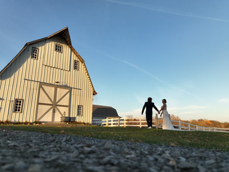 Drone view of outdoor ceremony site framed by trees and guests