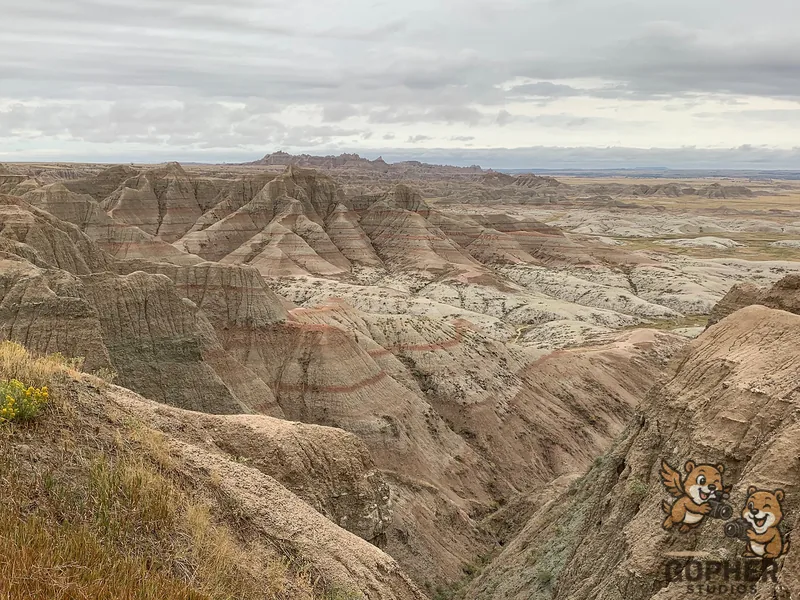 Layered rock ridges and eroded valleys stretch toward the horizon under an overcast sky.
